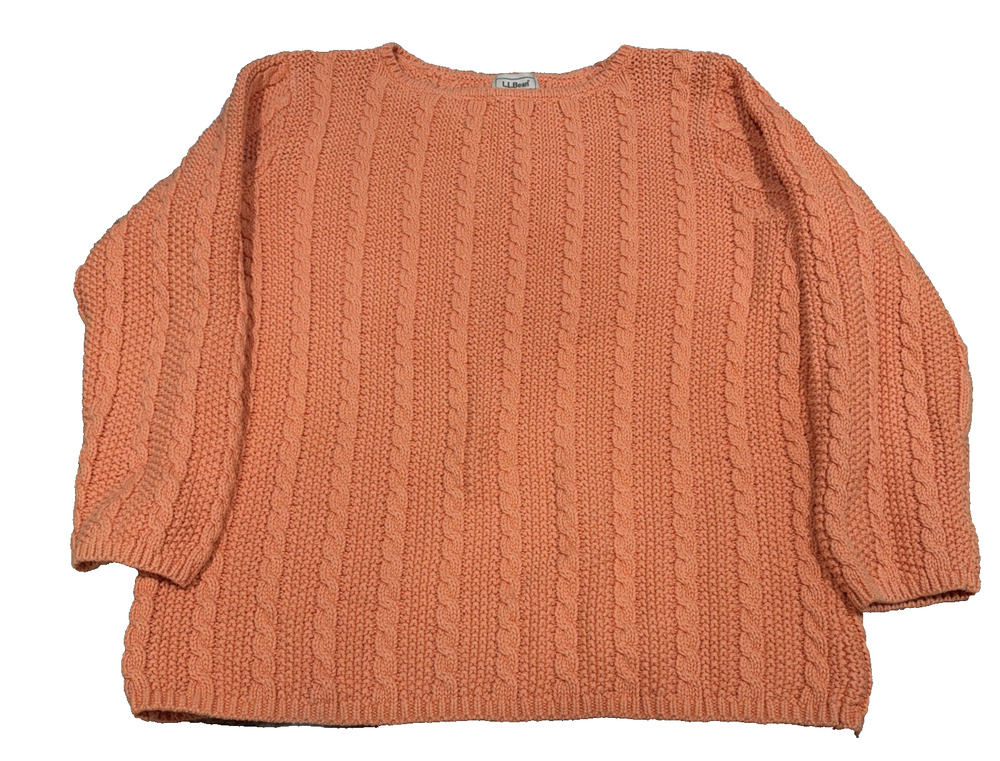 L.L.Bean Cotton Cable Knit Sweater Medium Coral Orange 3/4 Sleeve
